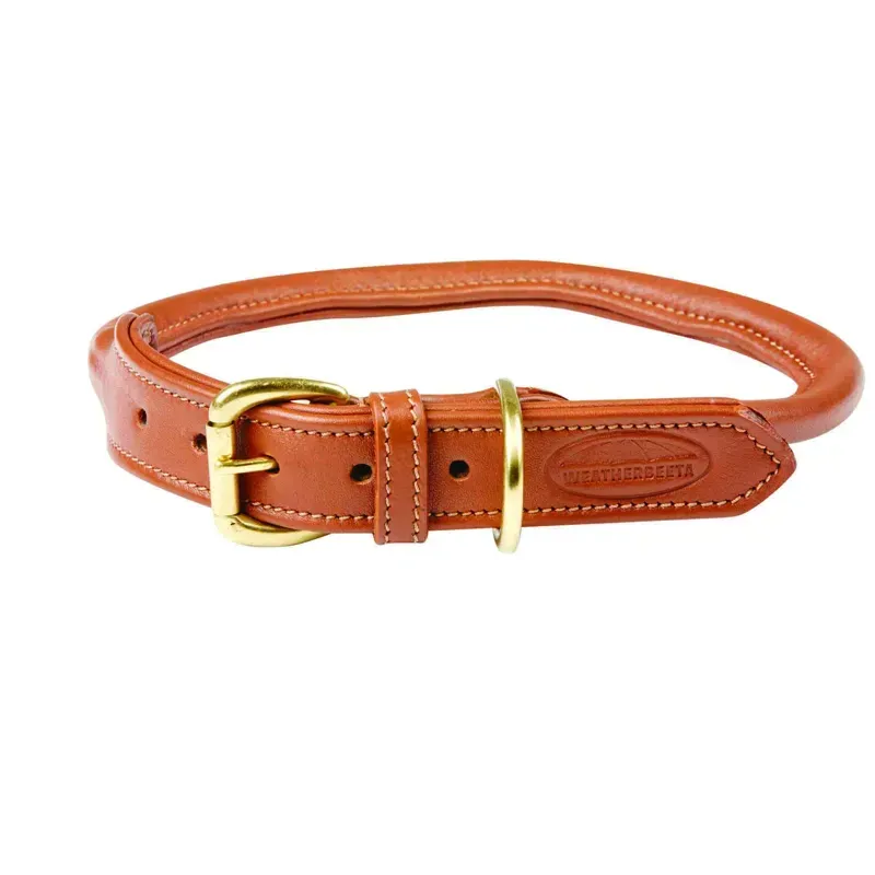 WB Rolled Leather Dog Collar Tan Med