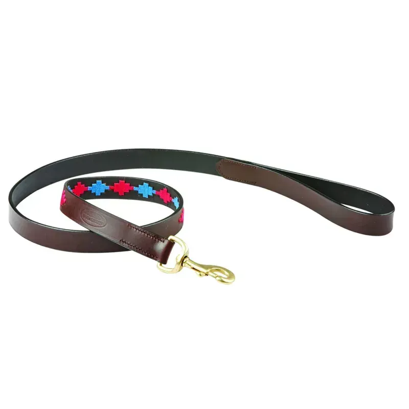 WeatherBeeta Medium Polo Leather Dog Lead in Beaufort Brown/Pink/Blue
