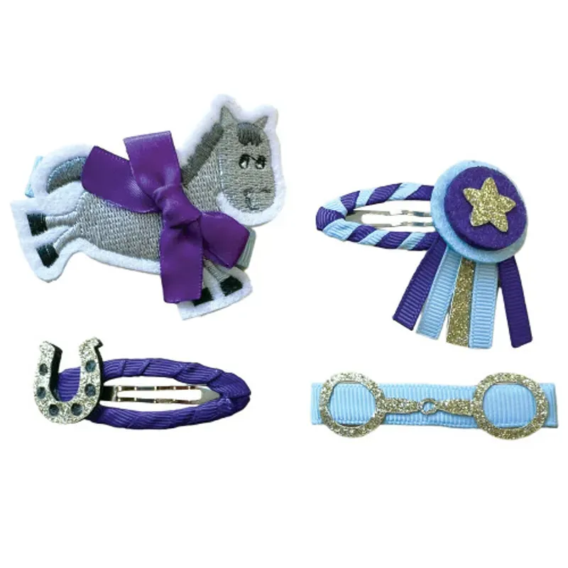 Equetech Set Of 4 Childs Gymkhana Pony Hair Clips in Grey/Purple/Gold