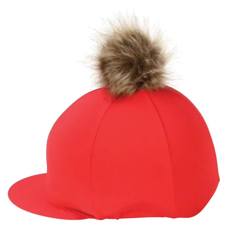 Hy Equestrian Hat Cover with Faux Fur Pom Pom in Red