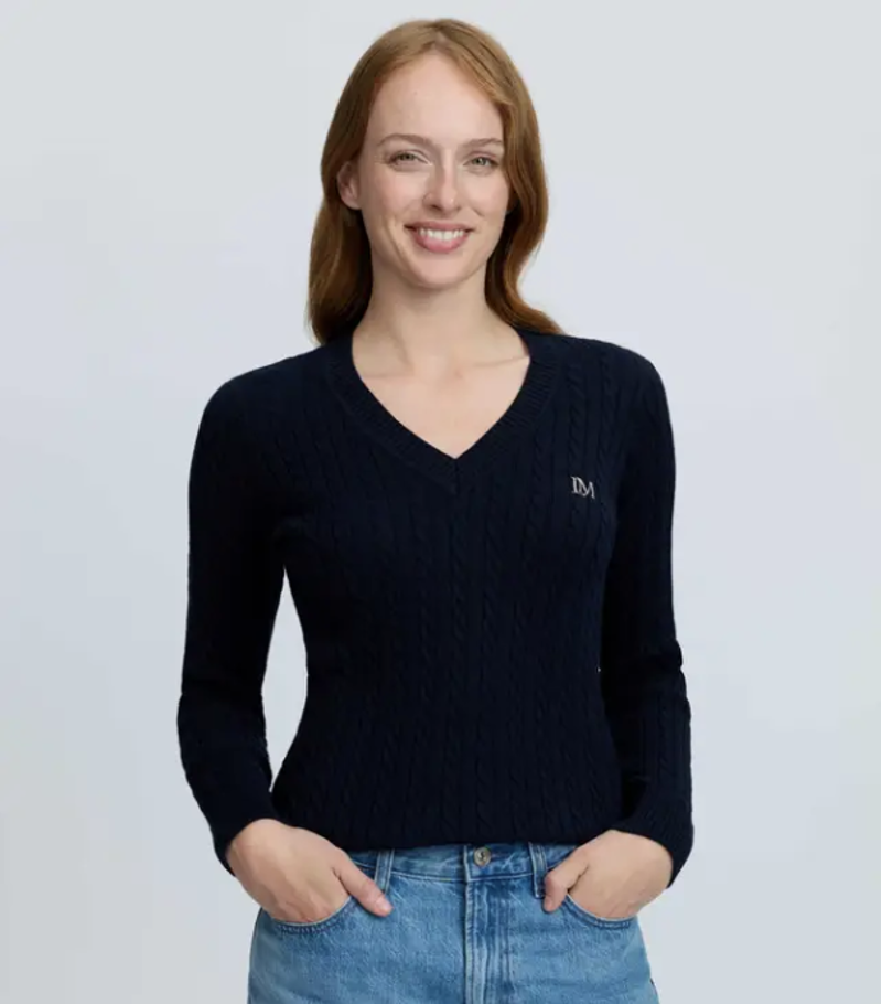 Lemieux Carla Cable V-Neck Knit Jumper Navy